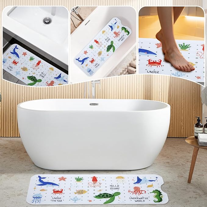 Baby Bath Mat for Tub Non Slip Kids Bathtub Mat Extra Long 40X16 Inch Toddler Bath Tub Shower Mat Anti Slip with Suction Cups & Drain Holes, Machine Washable (Under The sea)