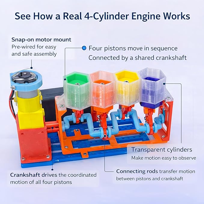 4-Cylinder Working Engine Model STEM Kit for Kids Ages 8–14,DIY Build with Moving Pistons and Crankshaft, Beginner Engineering Science Kit, STEM Toy, Educational Gift for Boys and Girls
