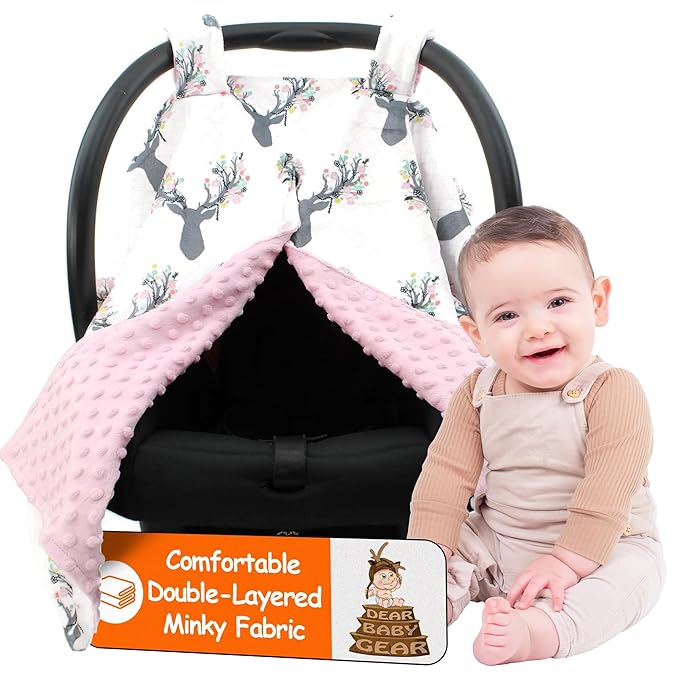 Dear Baby Gear - 40x30 Car Seat Canopy, Infant Carrier Cover for Boys & Girls, Cozy Fall, Nursing & Stroller Use, Newborn Travel Sunshade Accessory, Antler & Flower, Pink Dot