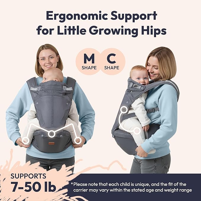 BabbleRoo Grow Carrier – Safety-Certified 6-in-1 Toddler & Baby Carrier with Hip Seat, Ergonomic & Adjustable Toddler Carrier 7-50 lbs with Hip Support, Hood for Sun Protection, Newborn to Toddler