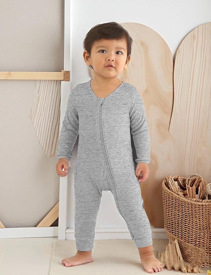 Jimonda Ribbed Rayon From Bamboo Baby Boys/Girls Sleepers, 2-Way Zipper Long Sleeve Footless Pajamas With Mittens Soft Pjs