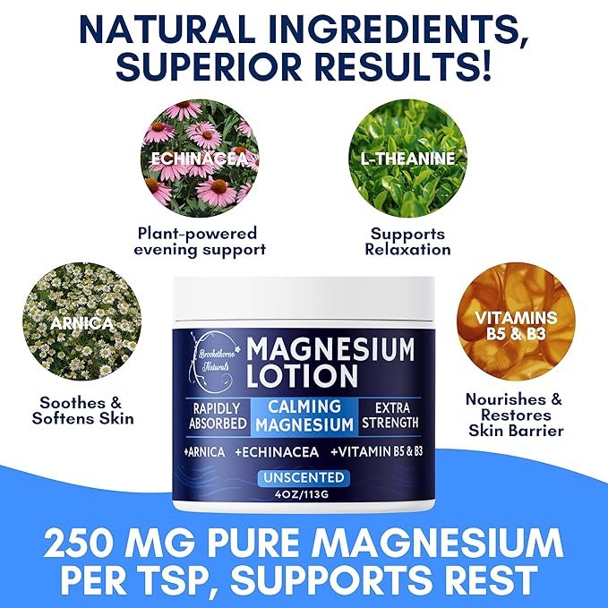 Calming Magnesium Lotion | Fragrance-Free Natural Magnesium Cream with Arnica, Echinacea & Vitamin B | Gentle Topical Lotion for sensitive skin | Hydrates & Soothes Skin | 4oz by Brookethorne Naturals