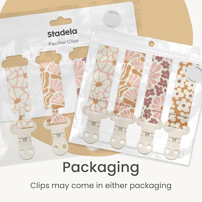 Stadela Baby Pacifier Clip Holder - Girl 4 Pack Gift Set – Boho Modern Pink and Beige Flowers Floral (Nolana)