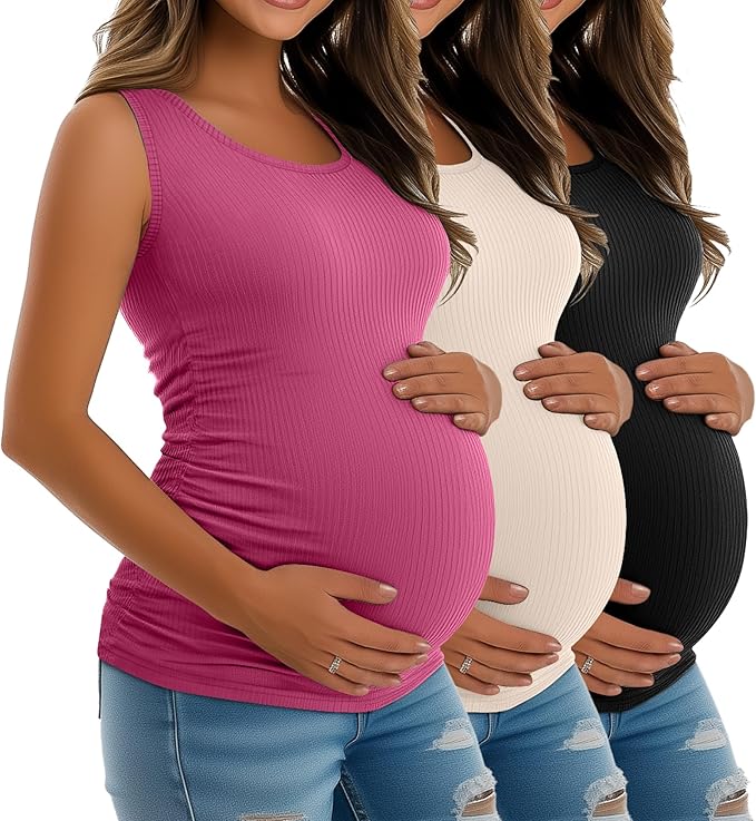 Riyiper 3 Pack Women's Maternity Tank Tops, Sleeveless Cotton Pregnancy Shirts Ribbed Knit Sides Ruched Basic Mama Clothes