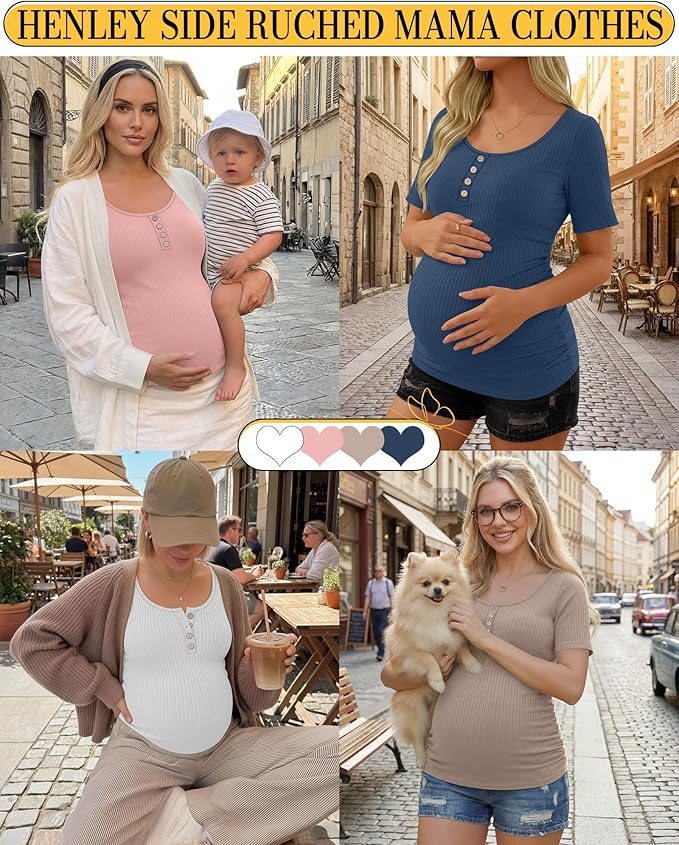 4 Pack Womens Maternity Shirts Scoop Neck Cotton Short Sleeve Ribbed Pregnancy Top Henley Side Ruched Mama Clothes