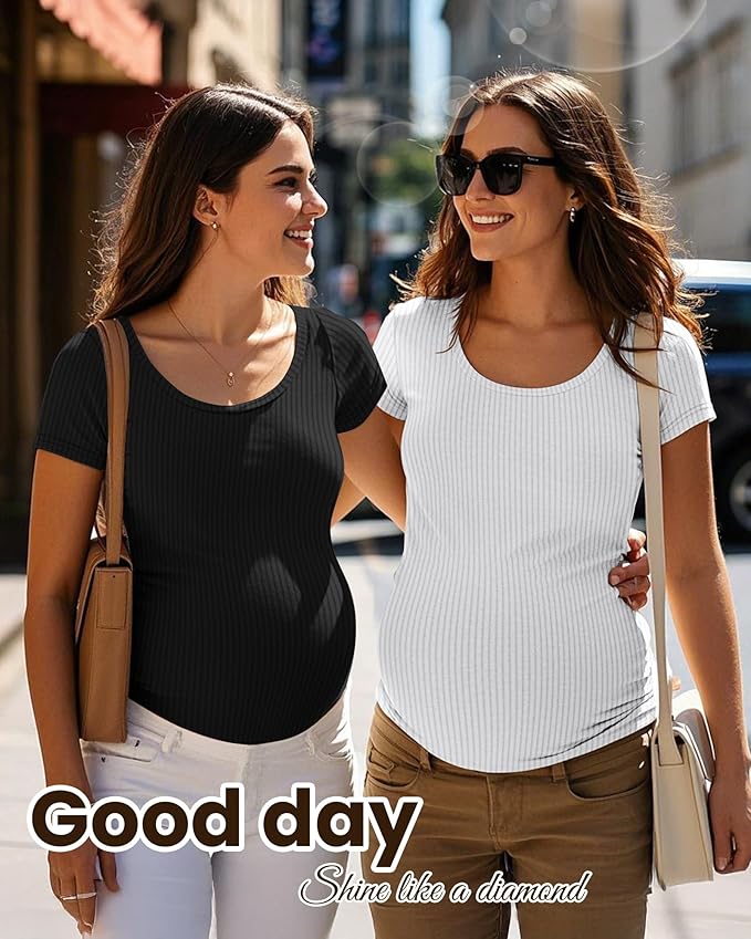 Neer 3 Pack Women's Ribbed Maternity Tops Pregnancy Round Neck Shirts Short Sleeve Soft Maternity Clothes for Mama