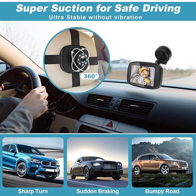 1080P Baby Car Mirror, Shybaby 4.3" Baby Car Camera Monitor with 170° Wide View, HD Night Vision Function and Reusable Sucker Bracket, Safety Rear Facing Cars Set Camera for Infants Kids Toddlers