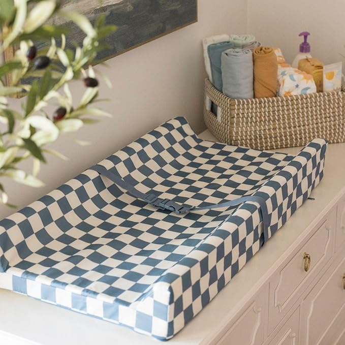 Tiny Twinkle Diaper Changing Pad for Dresser & Nursery Table – Waterproof, Wipeable & Mess-Proof Baby Changing Pad with Safety Strap, Non-Slip Base & Removable Washable Cover(Blue Checkers)