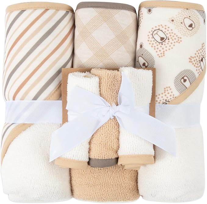 Hooded Baby Bath Towel and Washcloth 6 Piece Set for Newborns, Infants & Toddlers, Boys & Girls Baby Hooded Towels Set (Teddy Bears & Stripes)