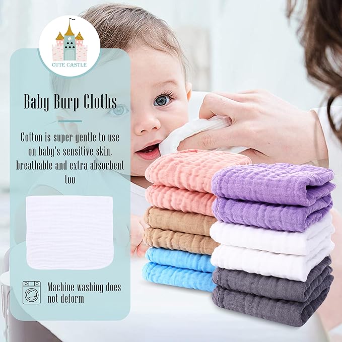 Cute Castle 12 Pack Muslin Burp Cloths for Baby - Ultra-Soft 100% Cotton Baby Washcloths - Large 20'' by 10'' Super Absorbent Milk Spit Up Rags - Burpy Cloths for Unisex, Boy, Girl - Multicolor