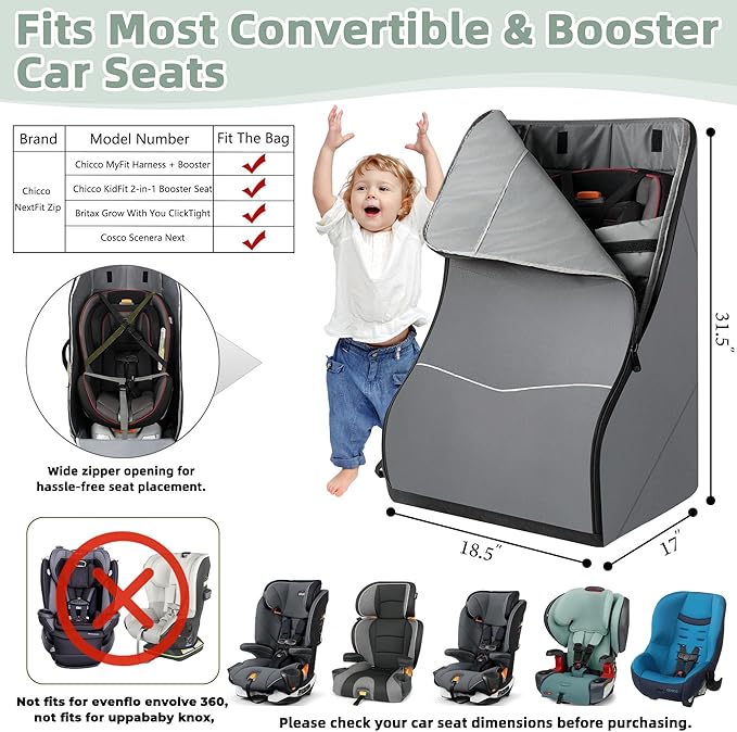 Car Seat Travel Bag for Airplane – Waterproof Heavy Duty Carseat Backpack for Gate Check or Airport Travel – Fits Infant, Convertible & Booster Seats, Dark Grey