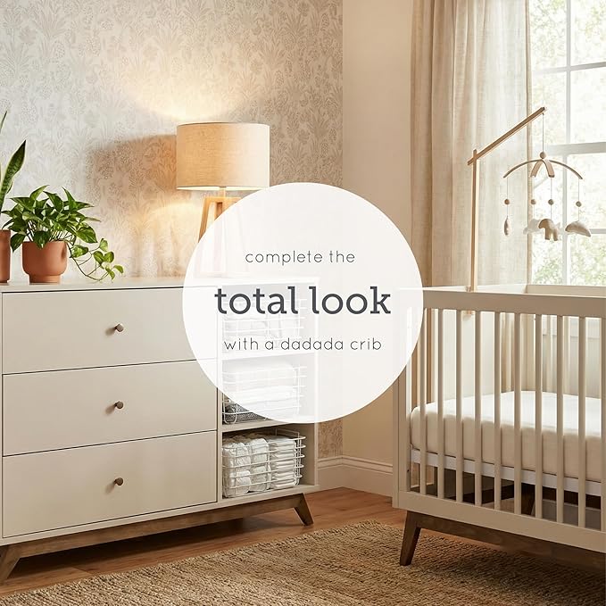 dadada Central Park 3-Drawer Dresser with Open Shelving - Modern Design, Baby-Safe Finish, Forged Steel Support, Sturdy Wood Legs, for Nursery, Kids or Teen Room, 47” Wide (Almond Milk+Walnut)