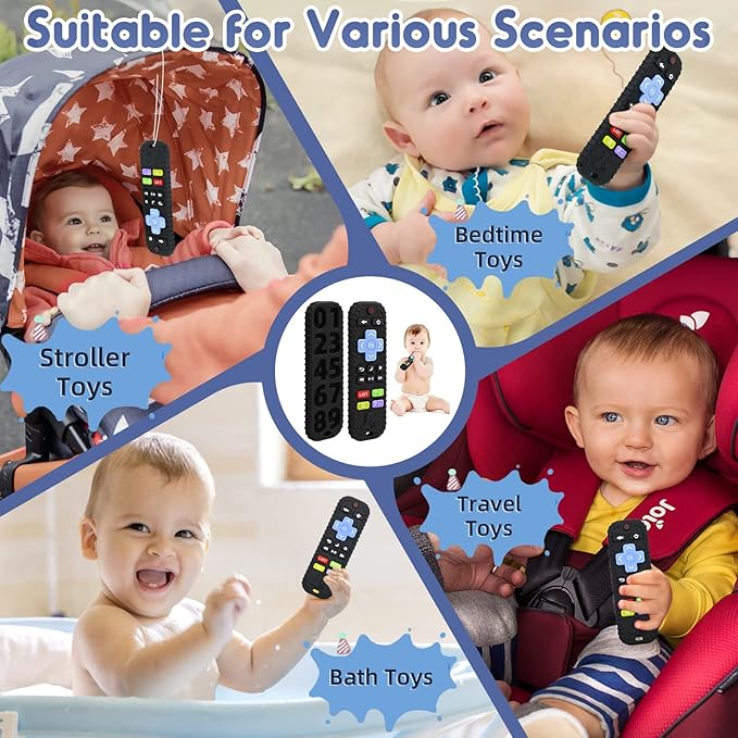 Teething Relief Teethers Toys for Babies 3-6-12 Months Gifts, Food Grade Silicone Sensory Baby Remote Control Teether Bath Toy for Newborn Infant Boy Girl Autism Birthday Christmas Gift, Black