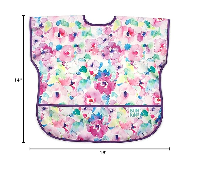 Bumkins Short Sleeve Bib for Girl or Boy, Toddler and Kids for 1-3 Years, Large Size, Essential Must Have for Junior Children, Eating, Mess Saving Soft Fabric Apron for Play, Watercolors Floral