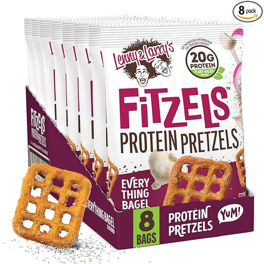 Lenny & Larry's FITZELS Protein Pretzels (Everything Bagel) 8 Individual Bags 3 oz Each – High Protein Snacks with 20g of Plant Based Protein – Healthy Vegan Pretzels – Delicious Salty Taste