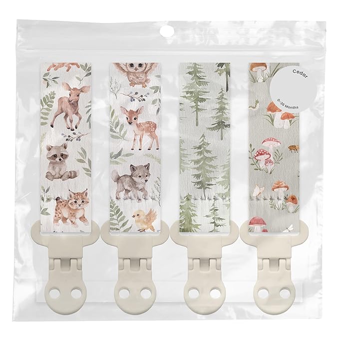 Stadela Baby Fabric Pacifier Clip Holder, Plastic Clip, 4‑Pack, Woodland Pattern, Cedar Set