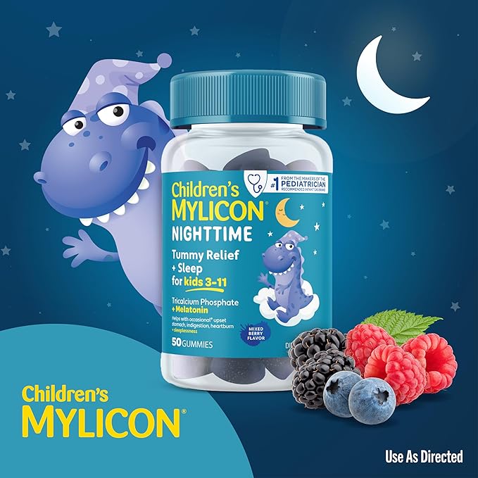 MYLICON Melatonin Gummies + Tummy Relief for Children Ages 3-11 | Helps Relieve Occasional Upset Stomach, Indigestion, Sleeplessness. Mixed Berry Flavor, 50 Count