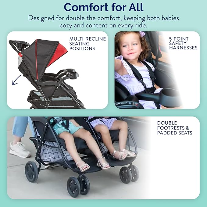 Kolcraft Cloud Plus Lightweight Double Stroller Side-by-Side for Infant Toddler, Compact Folding Travel System with Reclining Seats, Canopies, Storage Basket, Trays, Easy Maneuver – Red Black