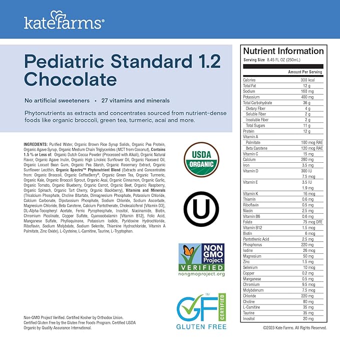 KATE FARMS Organic Pediatric 1.2 High Calorie Chocolate Nutrition Shake, 12g Protein, 27 Vitamins and Minerals, Meal Replacement, 8.45 oz, (Pack of 24)