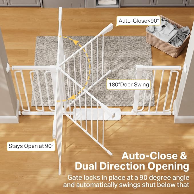 Cumbor 36.6-59" Extra Wide Baby Gate for Stairs, Pressure Mounted Dog Gate for Doorways, Auto-Close Easy Walk Through Safety Child Gate for Kids Toddler, Tall Pet Gates Indoor, White