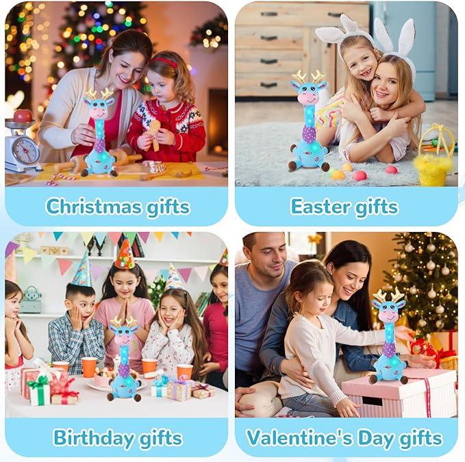 MILGEI Dancing Talking Giraffe Toy, Singing Musical Tummy Time Baby Toy with Volume Adjustment, 10 Children's Songs Light Up Toys, Repeating What You Say, Blue Giraffe Stuffed Animal for Girls Boys
