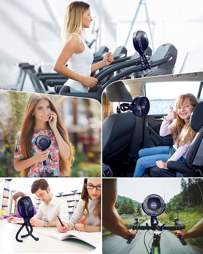 Stroller Fan Clip on for Baby, 4000mAh Rechargeable Battery Operated, Flexible Tripod, 3 Wind Speed, 360° Rotatable, Small Cooling Portable Fan for Car Seat Crib Golf Cart, Navy Blue