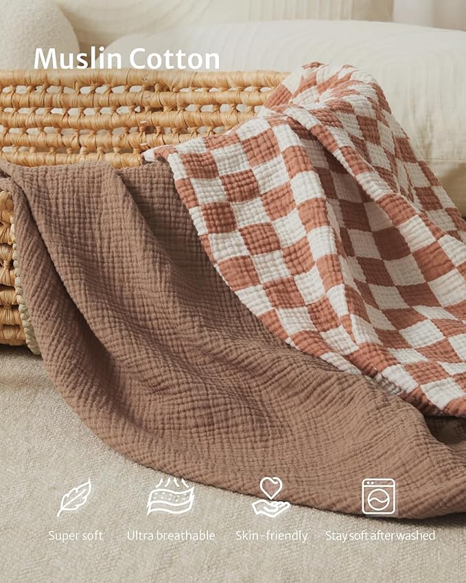 Blissful Diary Muslin Bassinet Sheets for Baby Girls Boys, Boho Soft Cotton Fitted for Oval Hourglass Rectangle Mattress, 2 Pack(Brown Checkboard & Brown)