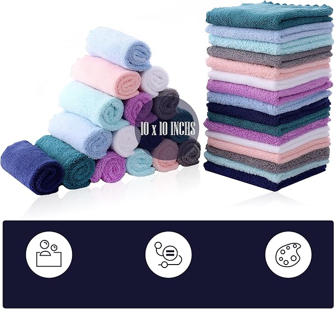 32 Pack Baby Washcloths - 10x10 Inch, Microfiber baby towel - Absorbent and Soft baby Wash Clothes for Newborns, Infants and Toddlers - Quick Dry baby boys and girls face towel - Multicolor