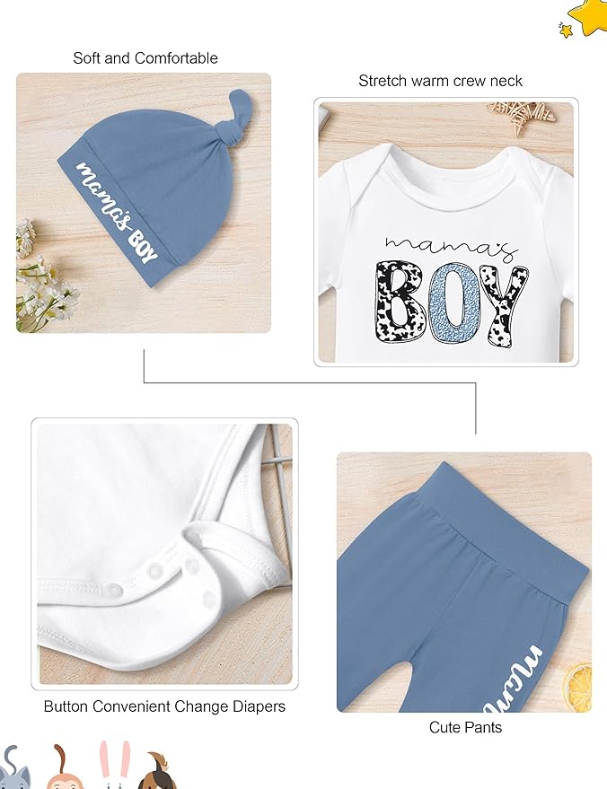 Fommy Newborn Baby Boy Clothes New to The Crew Letter Print Romper+ Pants+Hat 3PCS Outfit