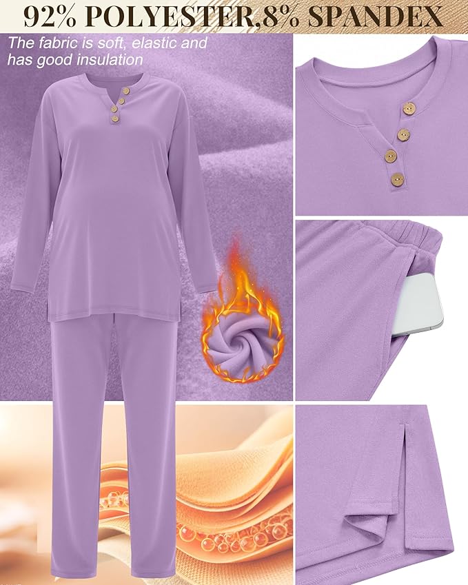 2 Piece Thermal Maternity Lounge Set Postpartum Pregnancy Fleece Loungewear Long Sleeve Top and Wide Leg Pant