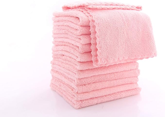 12 Pack Baby Washcloths - Extra Absorbent and Soft Wash Clothes for Newborns, Infants and Toddlers - Suitable for Baby Skin and New Born - Microfiber Coral Fleece 12x12 Inches, Pink