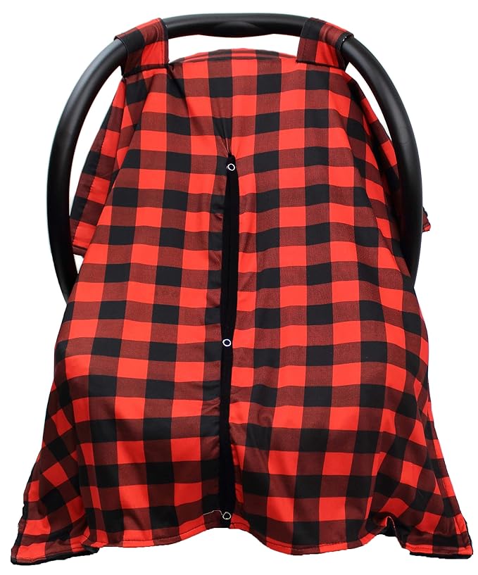 Dear Baby Gear Car Seat Canopy - Unisex Infant Car Seat Cover - Soft and Breathable Fabric - Fits Most Carseats - Perfect Lumberjack Red Black Plaid/Black Dot - 40"x30"
