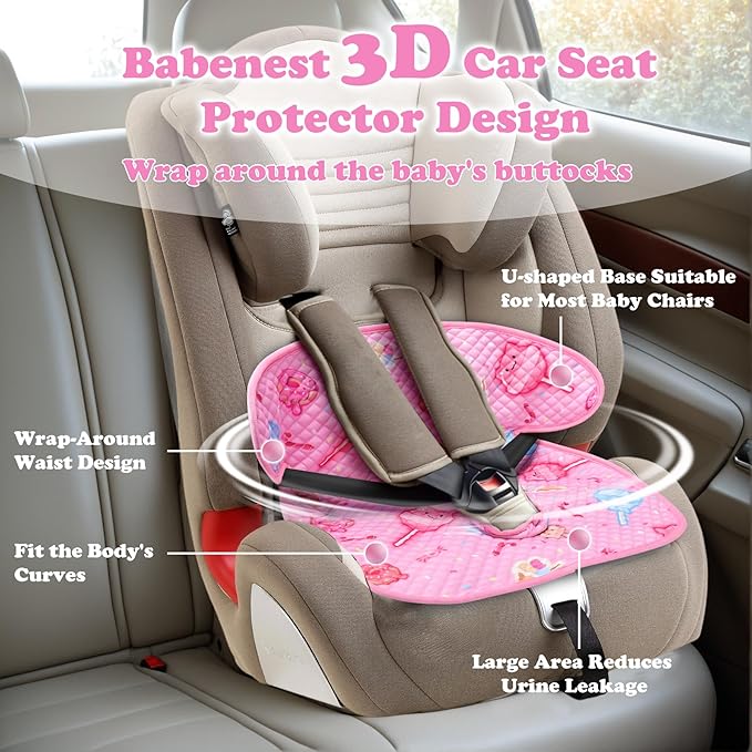 Babenest Car Seat Potty Protector Cover -Waterproof Carseat Training Liner for Baby &Toddler Shower Gift, Dry Piddle Pee Pad with Fun Designs for Strollers & Infant Car Seats (2pcs Pink)