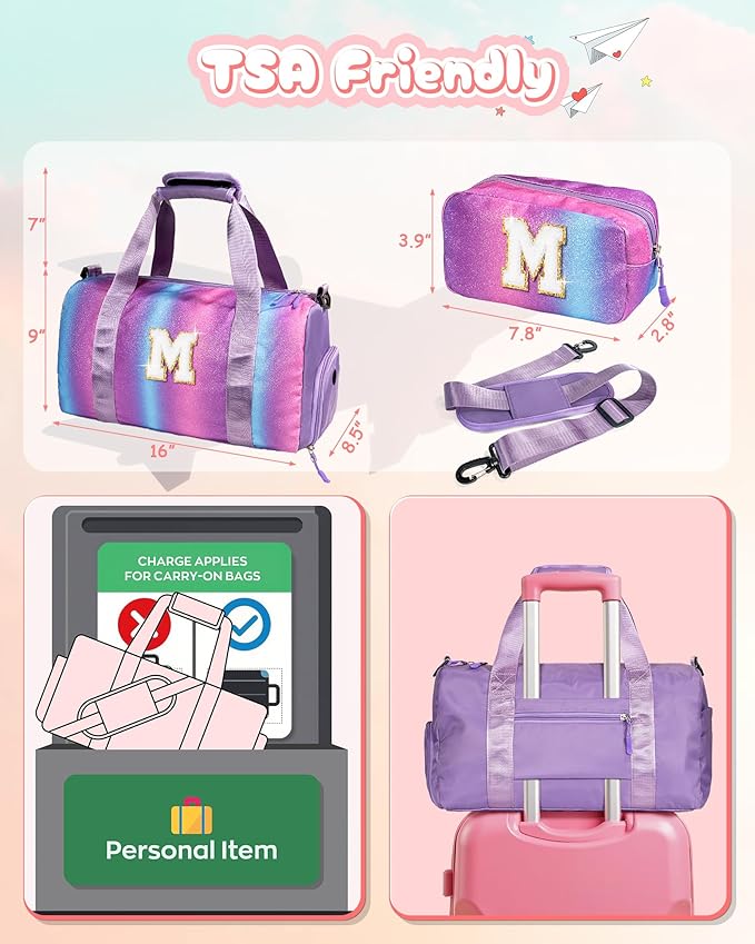 Birthday Gifts for Kid-Girl Gym Bag with Shoe Compartment, Kid Personalized Weekender Overnight Bags, Initial Travel Tote with Makeup Pouch Gifts for Kids (Letter I)