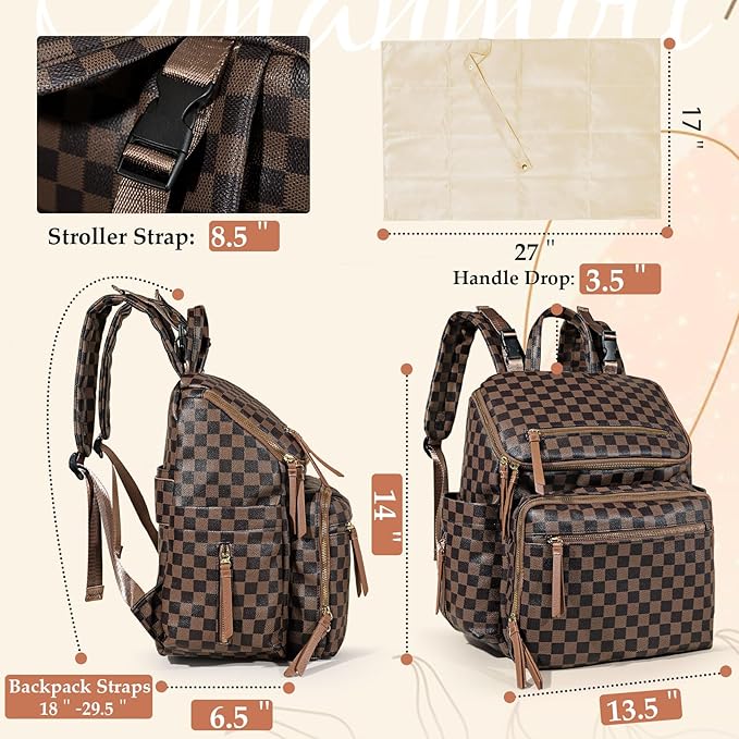 Omanmoli Checkered Diaper Bag Backpack Large Baby Diaper Bag Leather with 17 Diaper Bag Organizing Pouches,Changing Pad,Stroller Straps,4 Insulated Pockets, Coffee