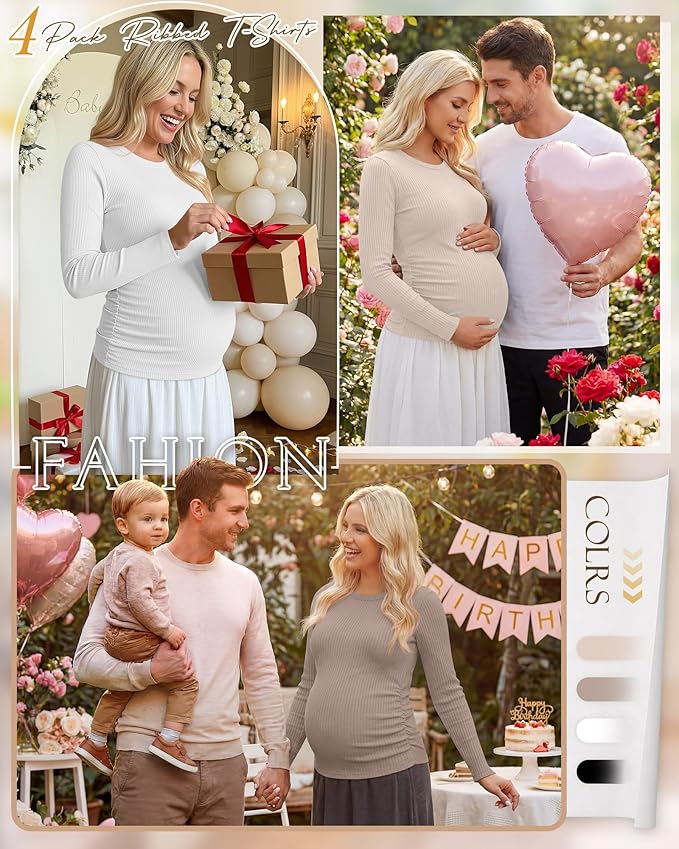 Ficerd 4 Pack Women's Maternity Shirts Cotton Long Sleeve Ribbed Crew Neck Pregnancy Tops Side Ruched Casual Mama Clothes
