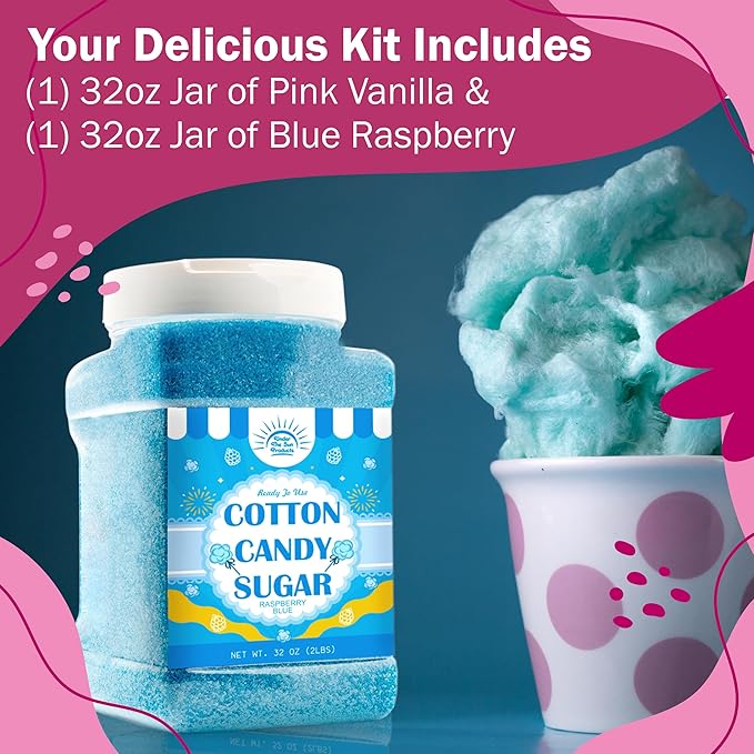 Cotton Candy Floss Sugar – Pink Vanilla & Blue Raspberry (2 Pack, 3 lb Each) | Premium Spun Sugar for Cotton Candy Machines | Perfect for Parties, Events & Home Use (2 Pack – 2 lb Jars)