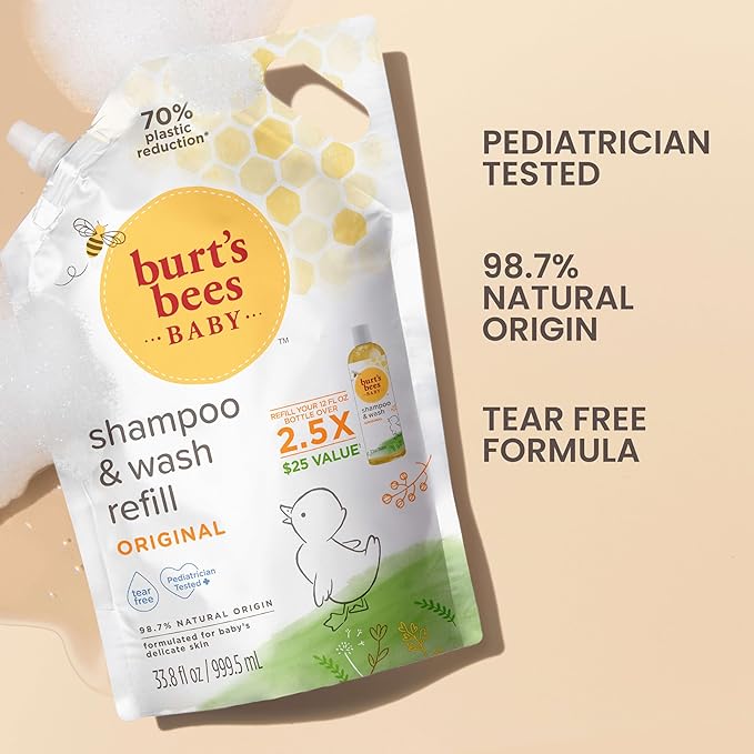Burt's Bees Baby Shampoo & Baby Wash Refill, Original Scent, Plant Based Formula, Tear Free, Pediatrician Tested, Natural Origin, Gently Cleans Sensitive Skin and Hair, 33.8 Fl Oz