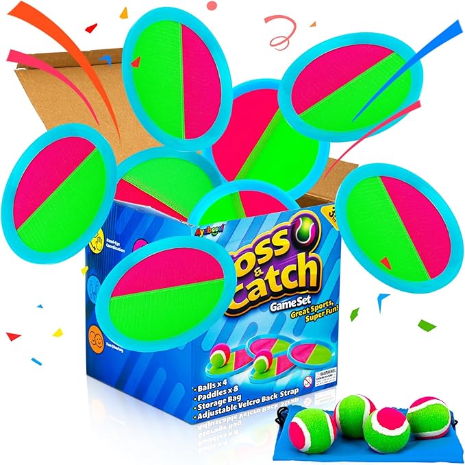 Ayeboovi Toss and Catch Ball Set 8 Paddles 4 Balls Outdoor Beach Pool Toys for 3 4 5 6 7 8 Year Old Boys Girls Birthday Valentine Gifts Easter Basket Stuffers Outside Yard Games for Kids and Family