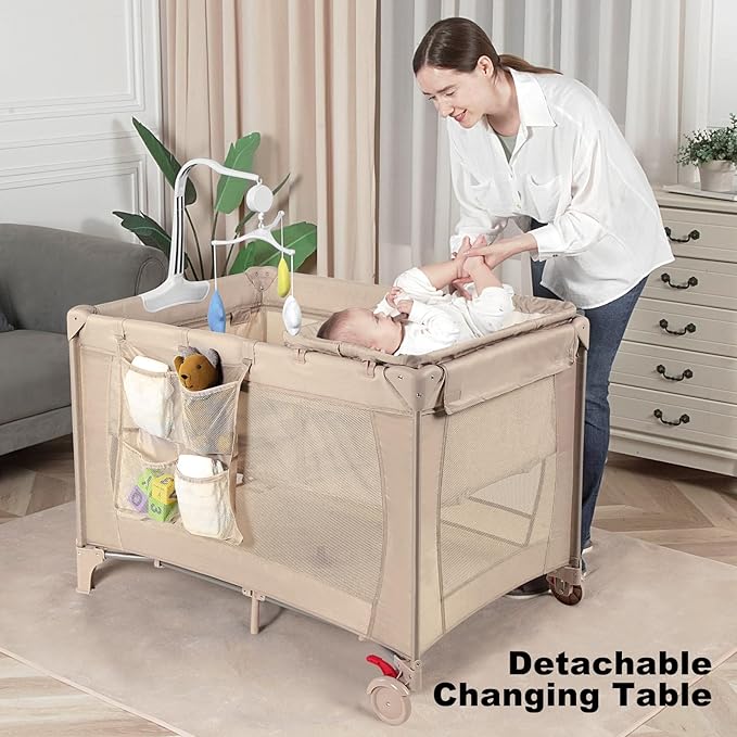 Pack and Play with Changing Table & Carry Bag, 4-in-1 Portable Crib Playpen for Newborn to Toddler, ASTM Certified Foldable Travel Crib with Bassinet(C-Khaki)
