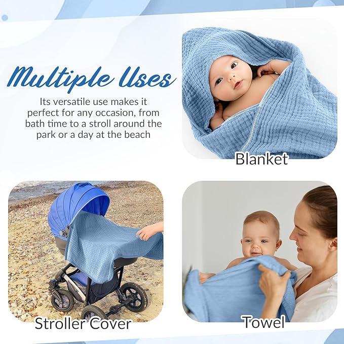 6 Pcs Muslin Hooded Bath Towels Washcloths and Bibs Set, Muslin Cotton Baby Towels Absorbent Hooded Blanket Towel Infant Bibs for Boys Girls Newborn Infant Essential(Blue, Navy Blue)