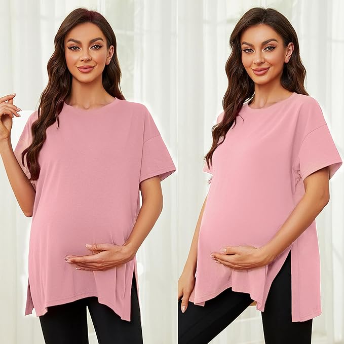 Ecavus Women's Casual Maternity Shirts Split Side Pregnancy Tops Blouses Short Sleeve Loose Fit Maternity Clothes