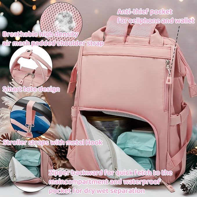 Diaper Bag Backpack for Dad and Mom with USB Charging Port Stroller Straps and Insulated Pocket,army military Travel Nappy Backpack for Daddy/Mommy (Pink)