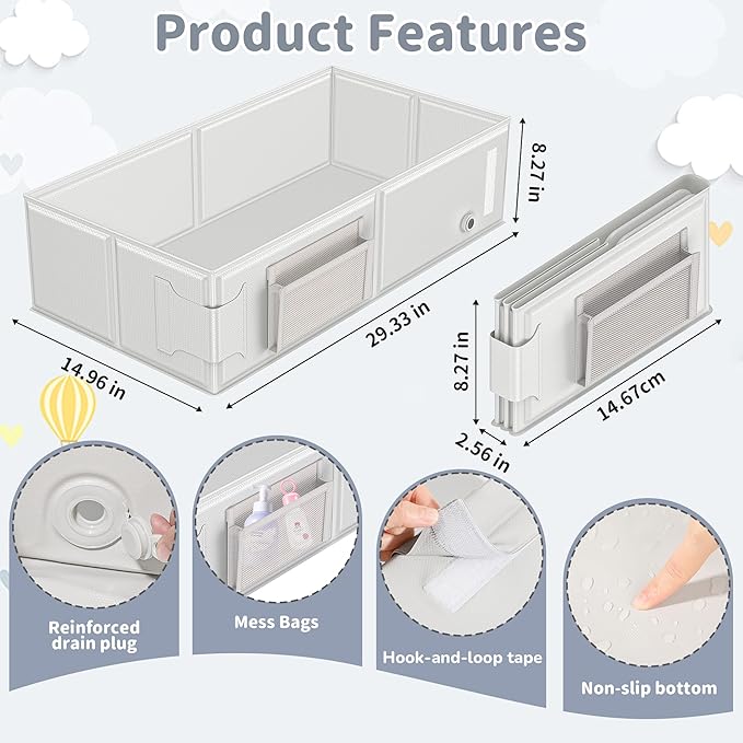 Baby Bathtub, Portable Bathtub with Cat-Patterned Bath Rinse Cup,Foldable Bath Tub for Small Bathroom,Toddler Tub for 6M-5Y,Baby Travel Essentials for Hotel,Camping & Beach