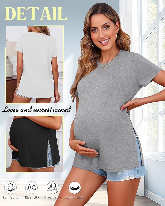 Ficerd 3 Pack Women's Maternity T Shirts, Short Sleeve Side Split Pregnancy Tops Casual Crew Neck Pregnant Tees Mama Clothes