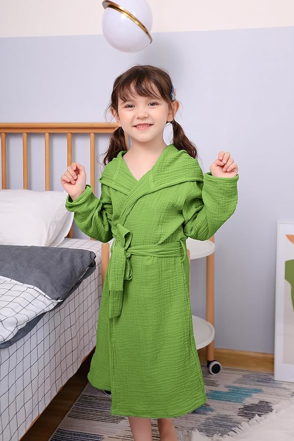 Organic Cotton Toddler Bathrobe, Soft and Breathable Baby Robe for Kid, Boy& Girl Hooded Robe Muslin