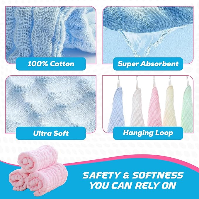 10 Pack Soft Muslin Unisex Baby Washcloths for Daily Use, 100% Cotton Set for Delicate Skin. Soft and Super Absorbent, Newborn Baby Essentials and Baby Registry,12x12 Inches (Blue)