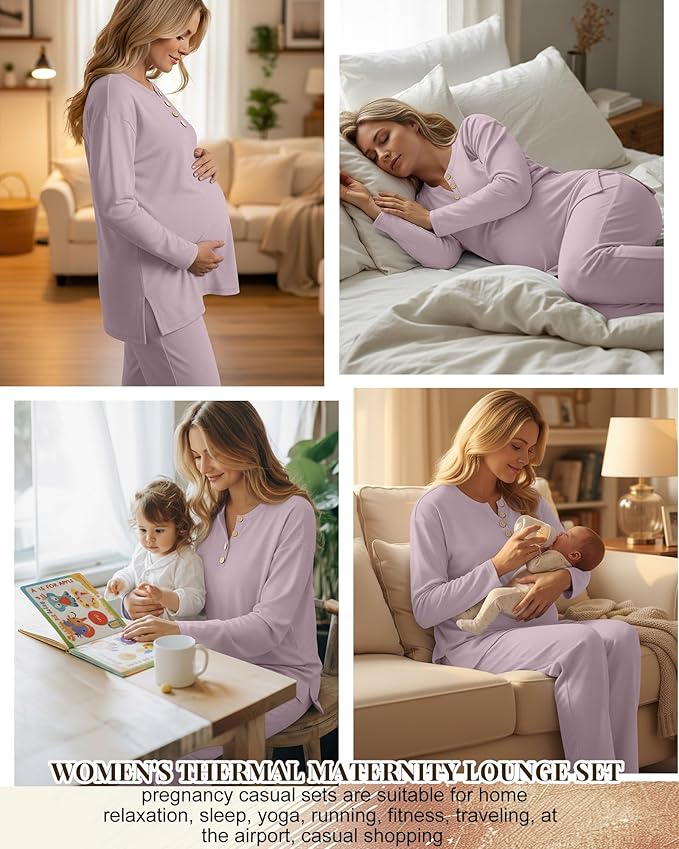 2 Piece Thermal Maternity Lounge Set Postpartum Pregnancy Fleece Loungewear Long Sleeve Top and Wide Leg Pant