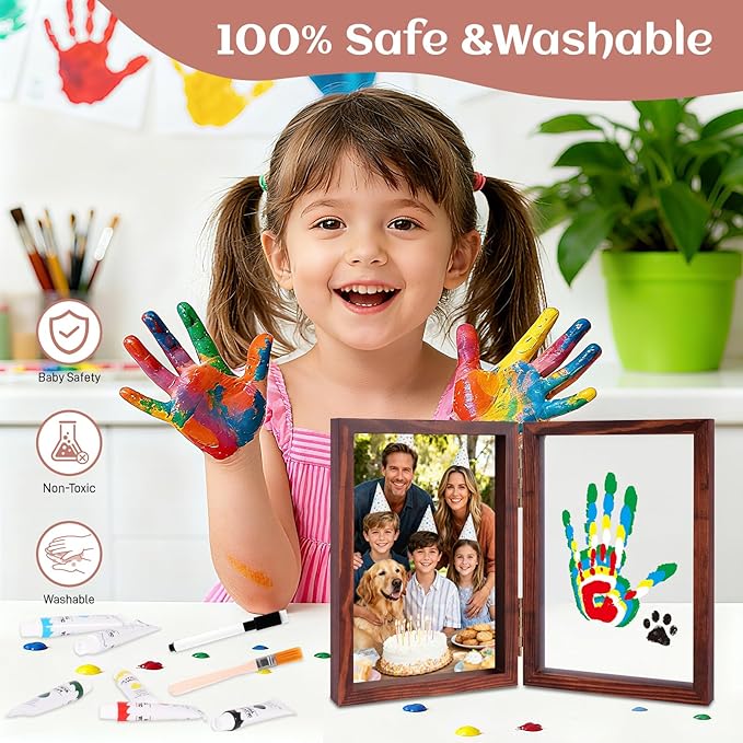 Family Handprint Kit, DIY Baby Hand and Footprint Handmade Keepsake Wooden Frame, Family Gifts with 6 Non-Toxic Baby-Safe Paint, Ideas Gift for New Parents, Grandparents, Father's Day, Mother's Day