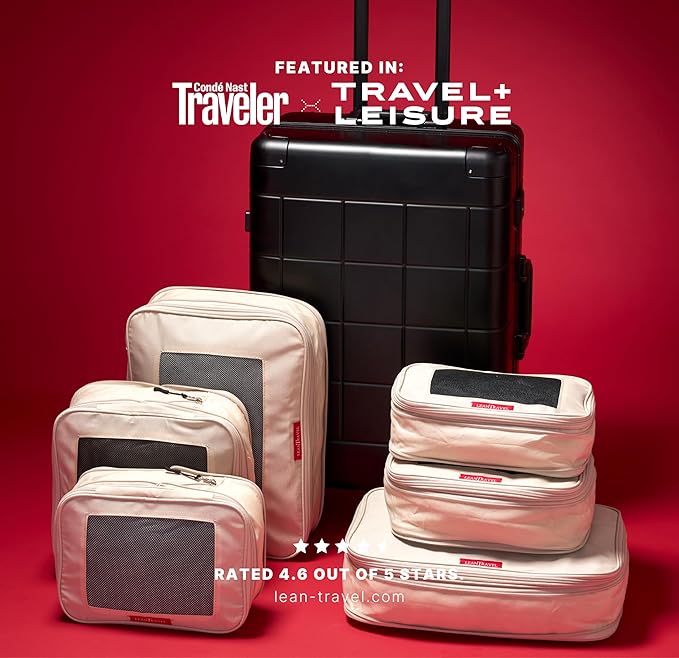 LeanTravel Premium Compression Packing Cubes for Travel - Luggage Organizers with Double Zipper - Sturdy Bags for Suitcase (6-Pack, Sand)